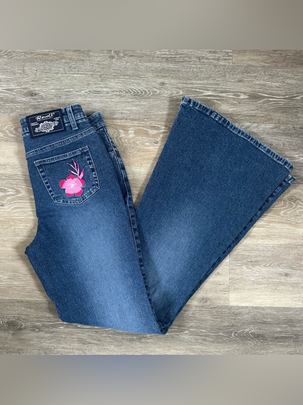 Revolt Jeans Dark Blue Flare Jeans with Pink Embroidered Pocket Sz 7